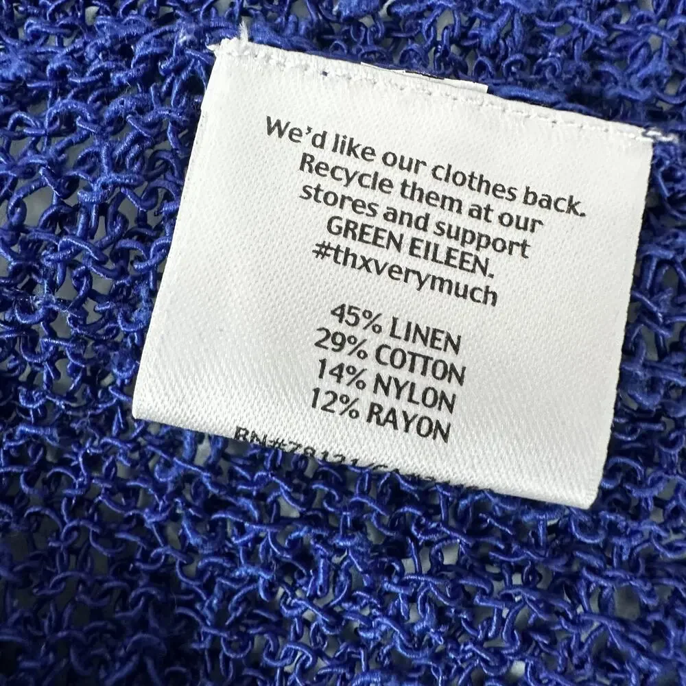 Eileen Fisher Cardigan Sweater‎ Womens Large Blue Open Knit Linen Blend Draped